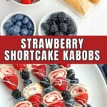 strawberry shortcake kabobs on a white plate.