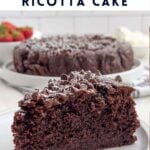 slice of chocolate ricotta cake on a white plate.