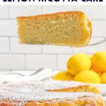 a pie server holding up a piece of lemon ricotta cake.