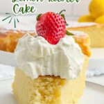 a piece of lemon ricotta cake on a white plate topped with whipped cream.