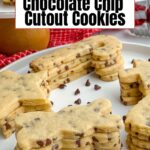 chocolate chip cutout cookies on a white plate and pedestal platter.