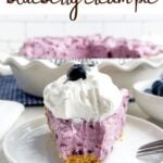front view of a piece of blueberry cream pie with a bite removed.