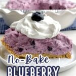 side view of a piece of blueberry cream pie on a white plate topped with whipped cream and a blueberry.