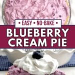 side view of a piece of blueberry cream pie on a white plate topped with whipped cream and a blueberry.