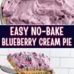 pie server lifting a piece of blueberry cream pie.