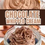 chocolate whipped cream on top of blueberries in a mason jar.