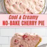 pie server lifting up a slice of no bake cherry pie.