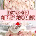 side view of a slice of no bake cherry pie topped with whipped cream, chocolate shavings, and a cherry.