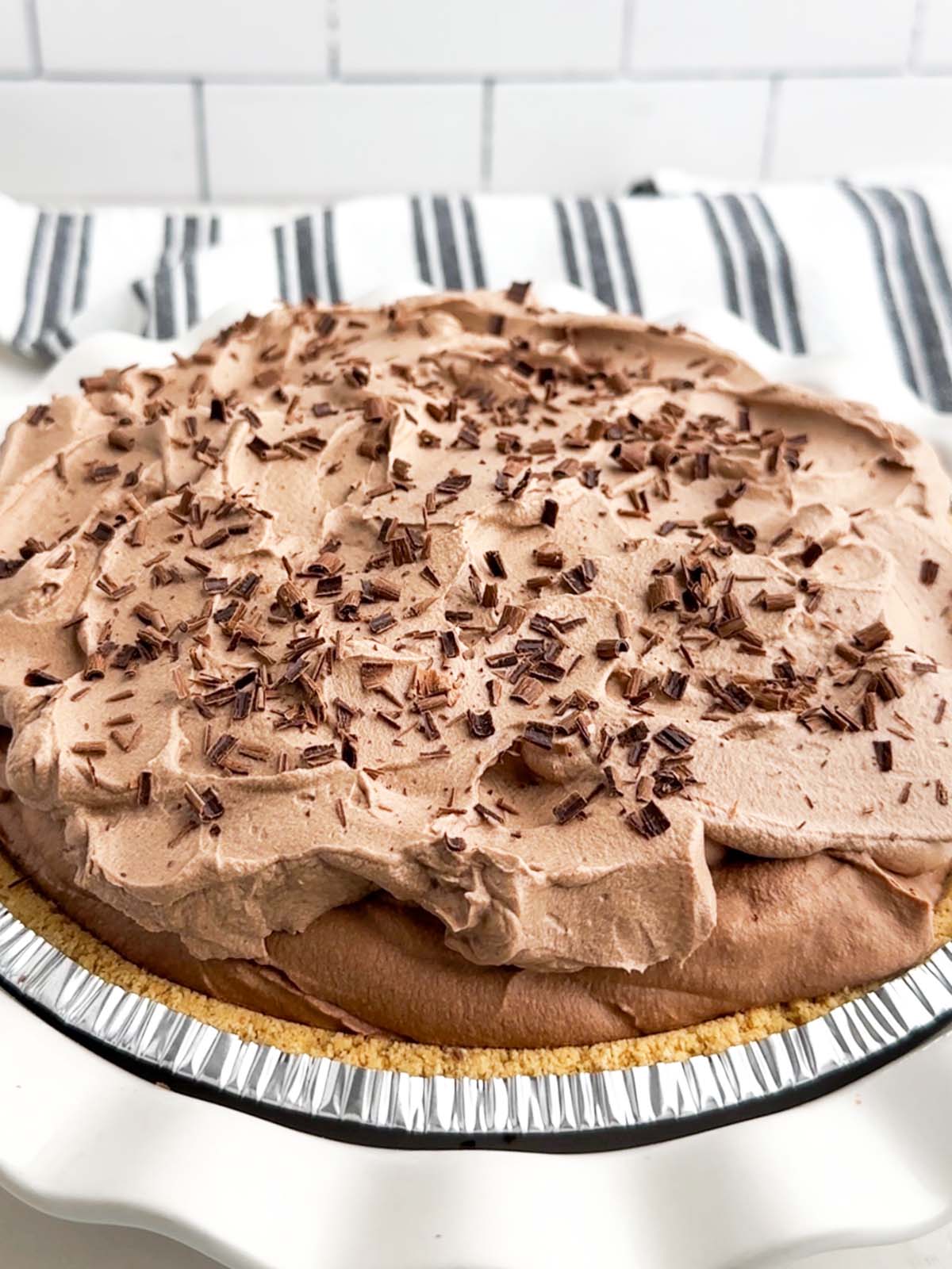 chocolate mousse pie in a graham cracker crust.