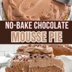side view of a piece of chocolate mousse pie in a graham cracker crust.