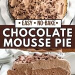side view of a piece of chocolate mousse pie in a graham cracker crust.