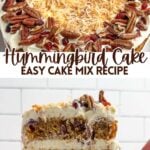 hummingbird cake topped with cream cheese frosting, toasted pecans, dried cranberries, and toasted coconut.