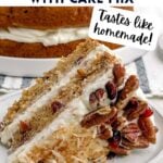 slice of hummingbird cake with cake mix on a white plate.