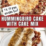 slice of hummingbird cake with cake mix on a white plate.