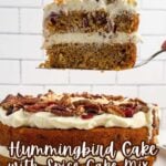 cake server holding a slice of hummingbird cake over the rest of the cake.