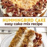 photos of hummingbird cake topped with cream cheese frosting, toasted pecans, dried cranberries, and toasted coconut. and a slice of hummingbird cake on a white plate.