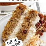 slice of hummingbird cake with cake mix on a white plate.