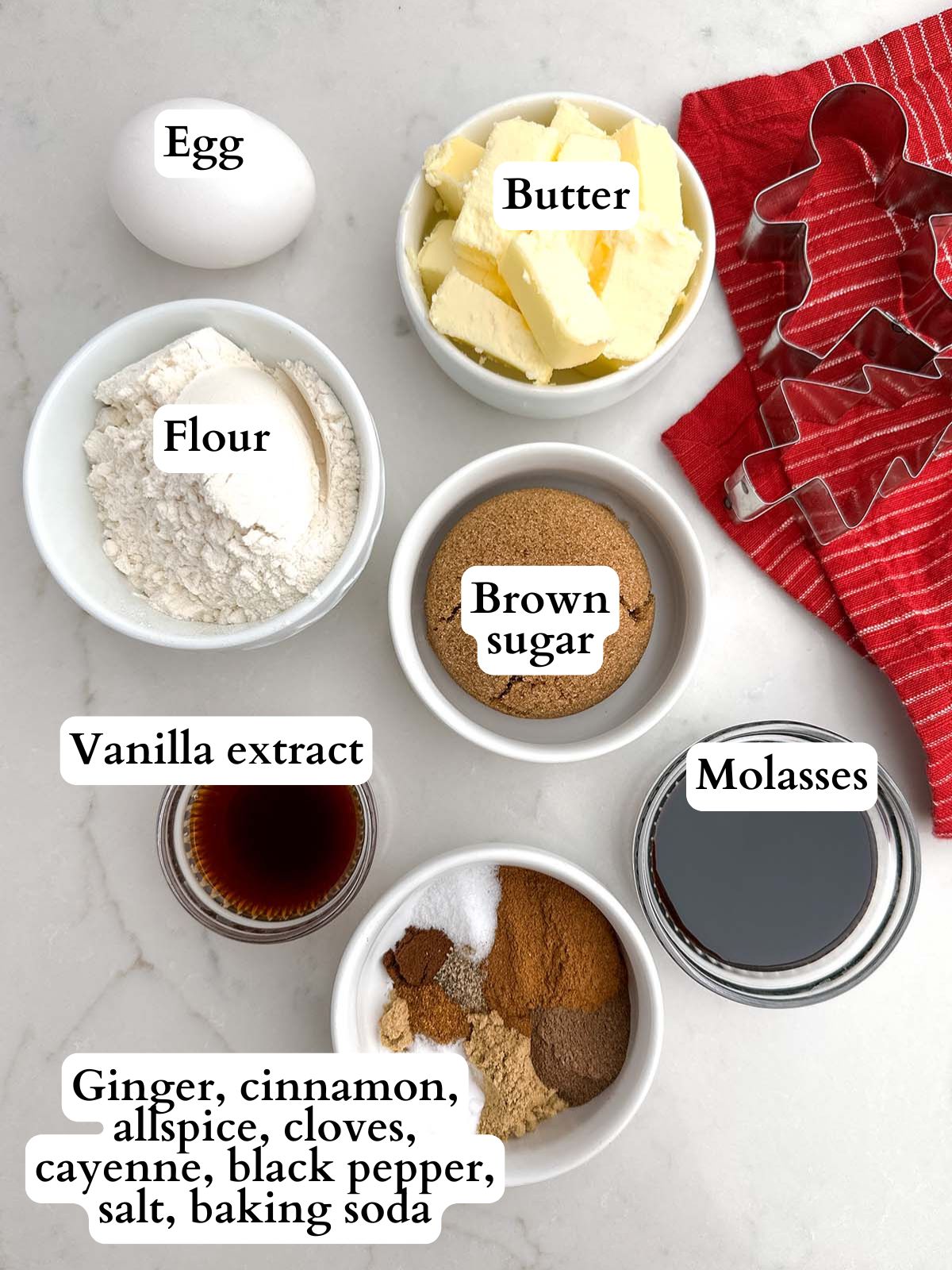 no chill gingerbread cookie ingredients on a white countertop.