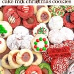 variety of cake mix christmas cookies on a wooden cutting board.