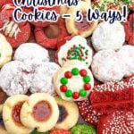 variety of cake mix christmas cookies on a wooden cutting board.