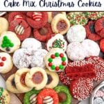 variety of cake mix christmas cookies on a wooden cutting board.