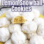 lemon snowball cookies on a yellow plate.